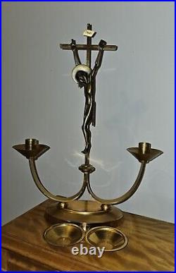 Large Brass & Bronze Mid-Century Modern Crucifix Candelabra