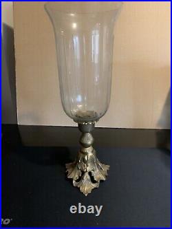 Large Brass Candle Holder with hurricane global glass detailed base A Read