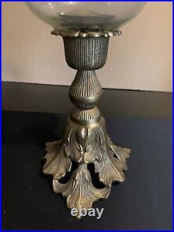 Large Brass Candle Holder with hurricane global glass detailed base A Read