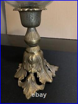 Large Brass Candle Holder with hurricane global glass detailed base A Read