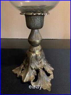 Large Brass Candle Holder with hurricane global glass detailed base A Read