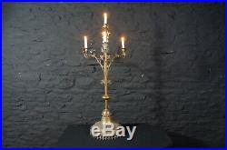 Large Gothic Church Four Sconce Candelabra Brass Ecclesiastical Candle Holder