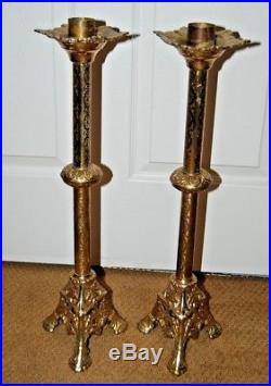 Large Pair Antique Ornate Brass Gothic Church Altar Candle Stick Candle Holders