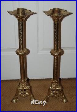 Large Pair Antique Ornate Brass Gothic Church Altar Candle Stick Candle Holders