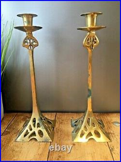 Large Pair Of 14 Art Nouveau Style Brass Candlesticks Candle Holders Jugendstil
