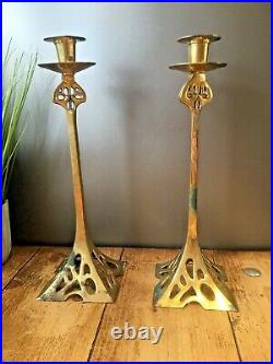 Large Pair Of 14 Art Nouveau Style Brass Candlesticks Candle Holders Jugendstil