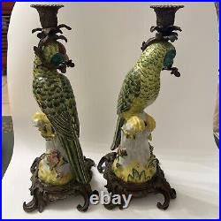 Large Parrot Candlestick Holders Porcelain Ceramic Brass MidCentury