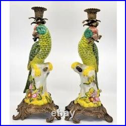 Large Parrot Candlestick Holders Vintage Porcelain Ceramic Brass MidCentury