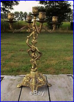 Large Vintage Brass Ornate 5 Arm Candle Holder Candelabra Putti Angels Beautiful