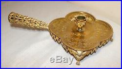 Large antique 1800's ornate gold gilt brass figural chamber candle stick holder
