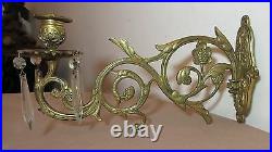Large antique Victorian ornate cast brass cut crystal wall candle holder sconce
