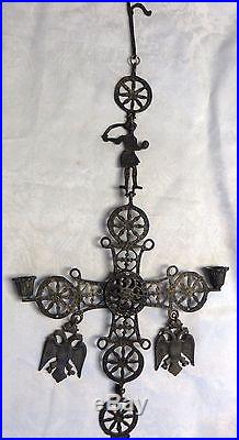 Lg Antique Vintage Large Brass Byzantine Celtic Cross Candle Holder Wrought Iron