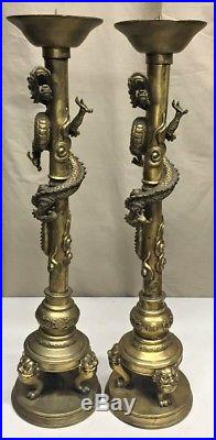Lg Pair 23 Antique Chinese Gilt Bronze Brass Dragon Candlesticks Holders Signed