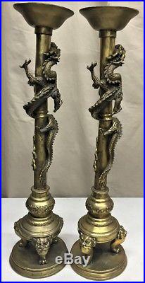 Lg Pair 23 Antique Chinese Gilt Bronze Brass Dragon Candlesticks Holders Signed