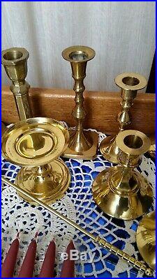 Lot 14 Vintage Brass Candlesticks Candle Holders 4-8 1/2 withSnuffer & Candles