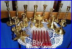 Lot 14 Vintage Brass Candlesticks Candle Holders 4-8 1/2 withSnuffer & Candles