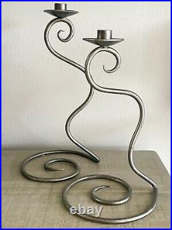Lot of 2 Brutalist Serpentine Candle Holders Hand Forged Iron Metal Art Decor