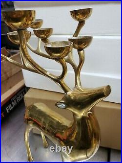 Lot of 2 Pottery Barn Brass Reindeer Candle Holders Orig Boxes w Candles