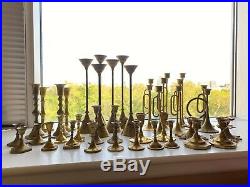 Lot of 40 antique brass candlesticks 3-12 tall, vintage wedding / shower decor