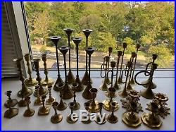 Lot of 40 antique brass candlesticks 3-12 tall, vintage wedding / shower decor