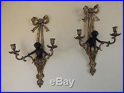 Lovely Pair of Bronze Sconces Cherub figures on brass ribbon candle holders