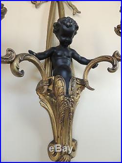 Lovely Pair of Bronze Sconces Cherub figures on brass ribbon candle holders