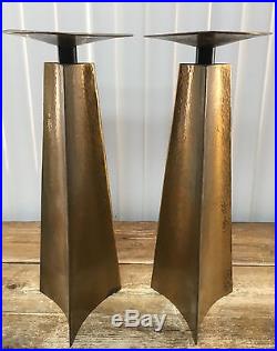 MCM Heavy Brass Hand Hammered Mid Century MOD Pair Pillar CandleHolders AWESOME