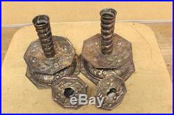Museum Quality Pair Or 17th C Embossed Brass MID Drip Candlesticks