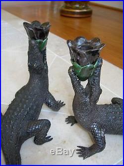 Maitland Smith Pair Dark Bronze Cast Brass Crocodile Candle Holders with Shell