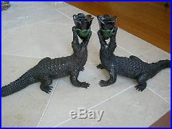 Maitland Smith Pair Dark Bronze Cast Brass Crocodile Candle Holders with Shell
