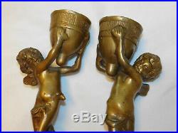Maitland Smith Pair Hand Made Bronze or Brass Cherub Candle Holder Statues
