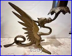 Matching Pair Of Antique Brass French Candleholders Griffin, Mythical, Dragons