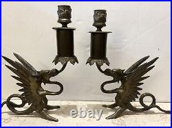 Matching Pair Of Antique Brass French Candleholders Griffin, Mythical, Dragons