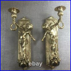 Matching Pair Rare Vintage/Antique Lancini Brass Cherub Wall Candle Holders WS