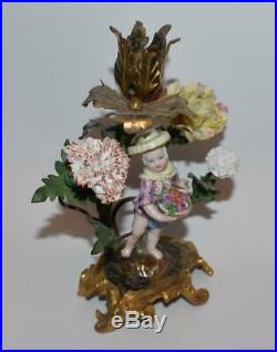 Meissen & Brass Figural Candleholder CUPID HARVESTING FLOWERS- 18X EXC