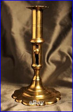 Mid 18th c. English Brass Candlestick (with Push Up and Petal Shaped Base) c. 1750