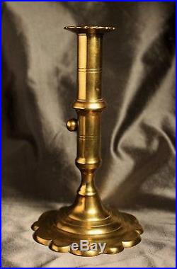 Mid 18th c. English Brass Candlestick (with Push Up and Petal Shaped Base) c. 1750