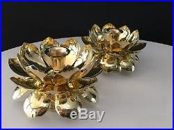 Mid Century Feldman Co. Pair Solid Brass Lotus Design Pedestal Candle Holders XL