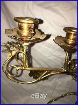 Mid Century Flower Candelabras Pair Candle Sticks Vintage Brass Jeweled
