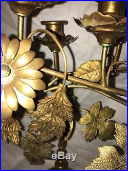 Mid Century Flower Candelabras Pair Candle Sticks Vintage Brass Jeweled