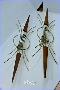 Mid Century Modern Brass Teak Candle Holder Wall Scone Set of 2 Vintage AS-IS