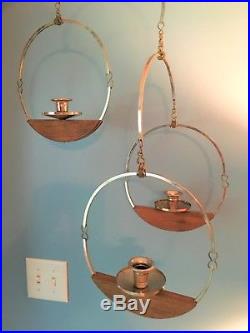 Mid Century Modern Brass Teak Wood Hanging Candle Holder Circle Geometric VTG