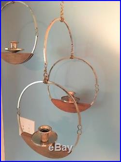 Mid Century Modern Brass Teak Wood Hanging Candle Holder Circle Geometric VTG