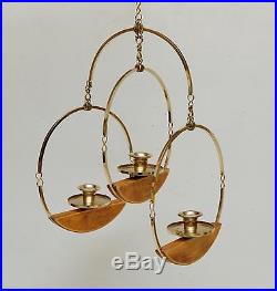 Mid Century Modern Brass Wood Hanging Candle Holder Circle Geometric VTG Round