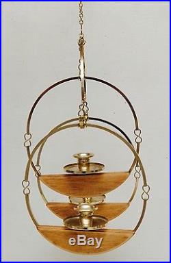 Mid Century Modern Brass Wood Hanging Candle Holder Circle Geometric VTG Round