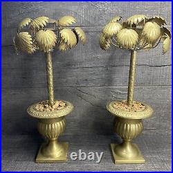 Mid Century Modern Solid Brass Palm Tree Candlestick Pair MCM Tropical Decor