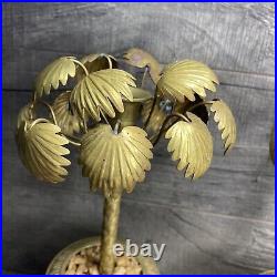 Mid Century Modern Solid Brass Palm Tree Candlestick Pair MCM Tropical Decor