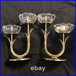 Mid Century Sweden YSTAD METALL Brass & Clear Cut Crystal Candle Holder Tulips