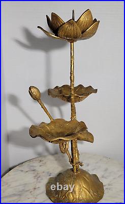 Mid Century Tall Brutalist Brass Lotus Candleholder 14 inch