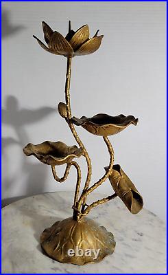 Mid Century Tall Brutalist Brass Lotus Candleholder 14 inch